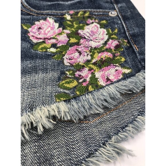 American Eagle Denim Shorts 00 Floral Embroidered Distressed Frayed Hem Cut Off - Picture 2 of 8